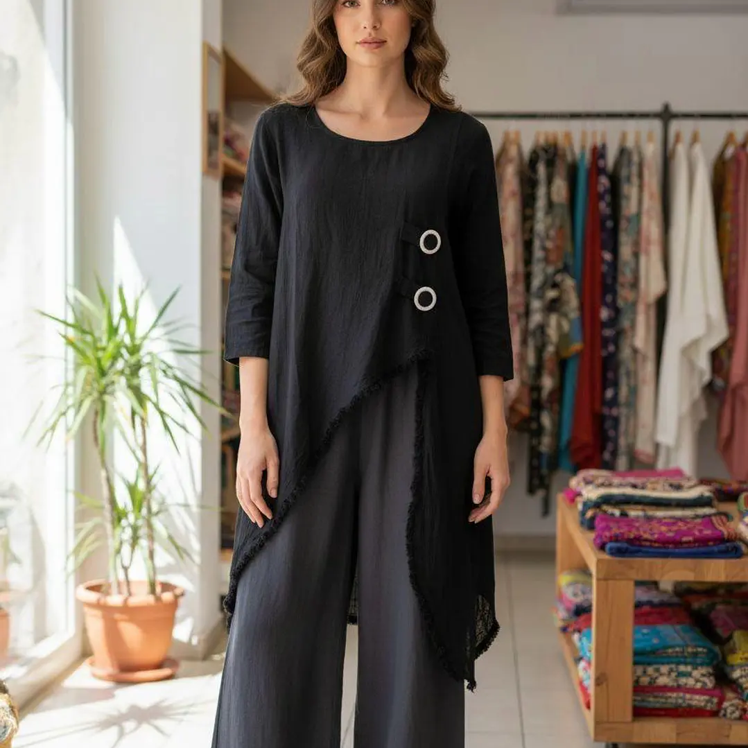 Blusa de Lino Asimétrica con Botones Decorativos 8