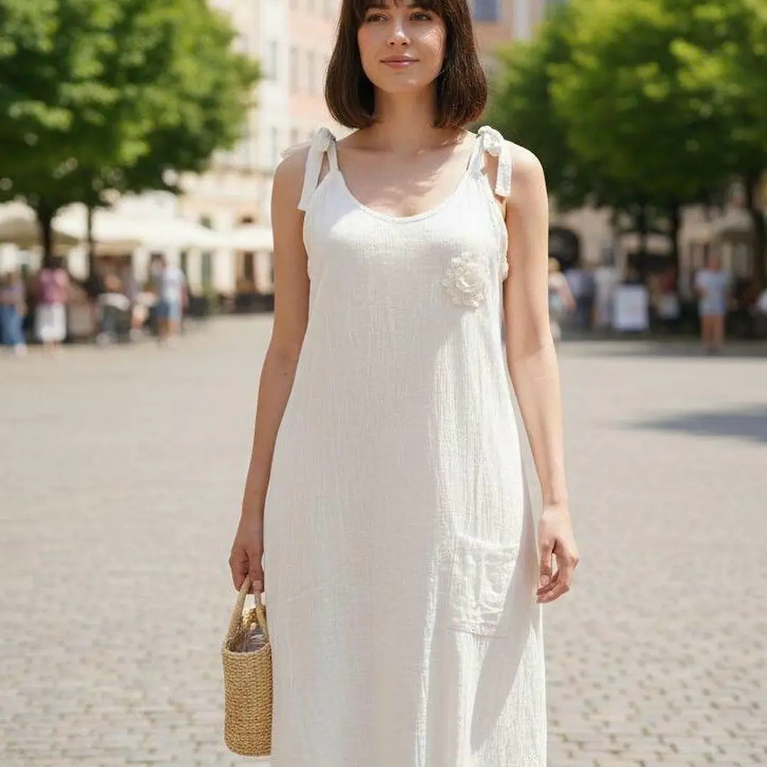 Vestido de Lino con Tirantes y Detalle Floral 3