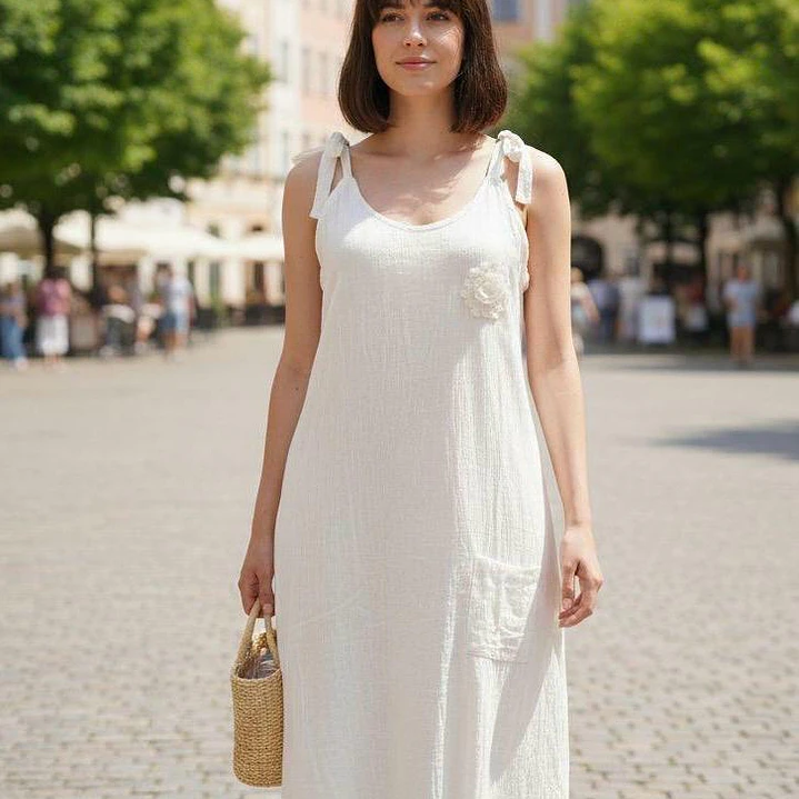 Vestido de Lino con Tirantes y Detalle Floral 3