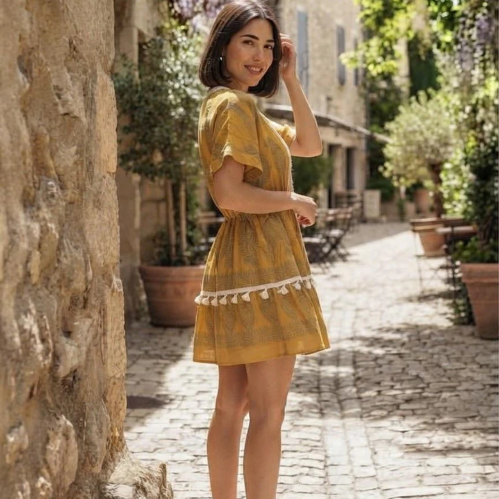 Vestido Corto Boho de Algodón Lurex y Escote Acordonado 4