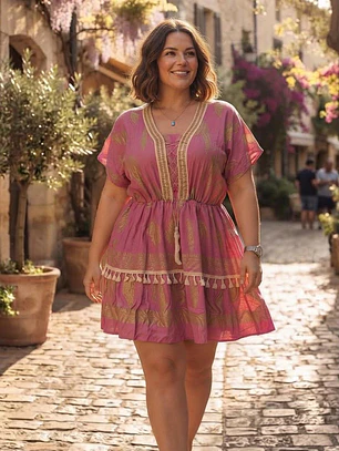 Vestido Corto Boho de Algodón Lurex y Escote Acordonado