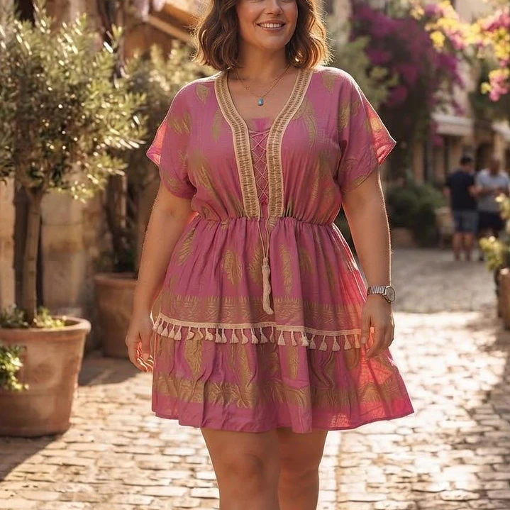 Vestido Corto Boho de Algodón Lurex y Escote Acordonado 2