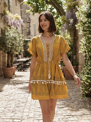 Vestido Corto Boho de Algodón Lurex y Escote Acordonado