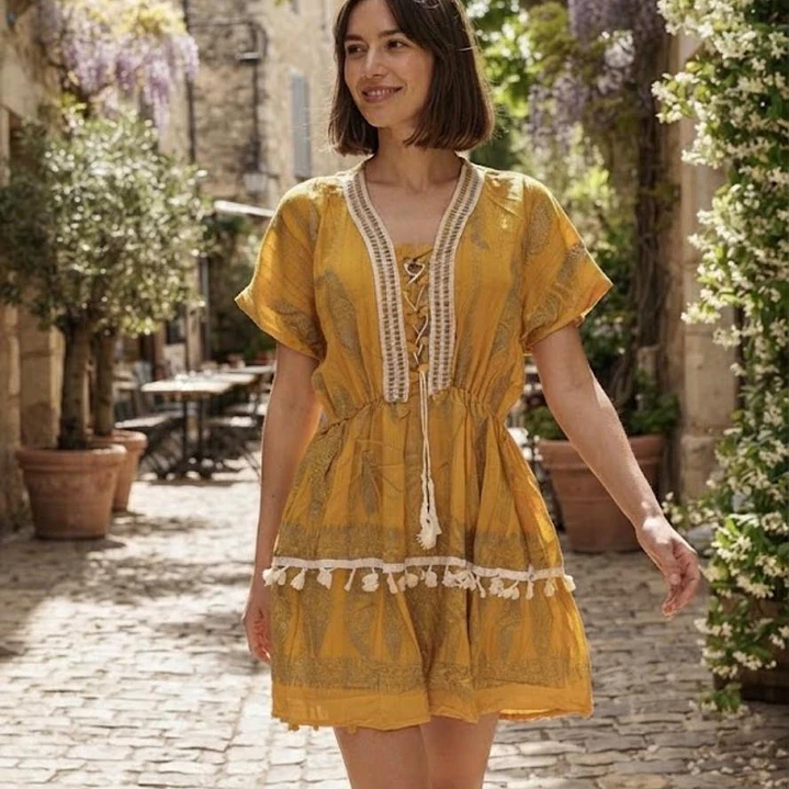 Vestido Corto Boho de Algodón Lurex y Escote Acordonado 1