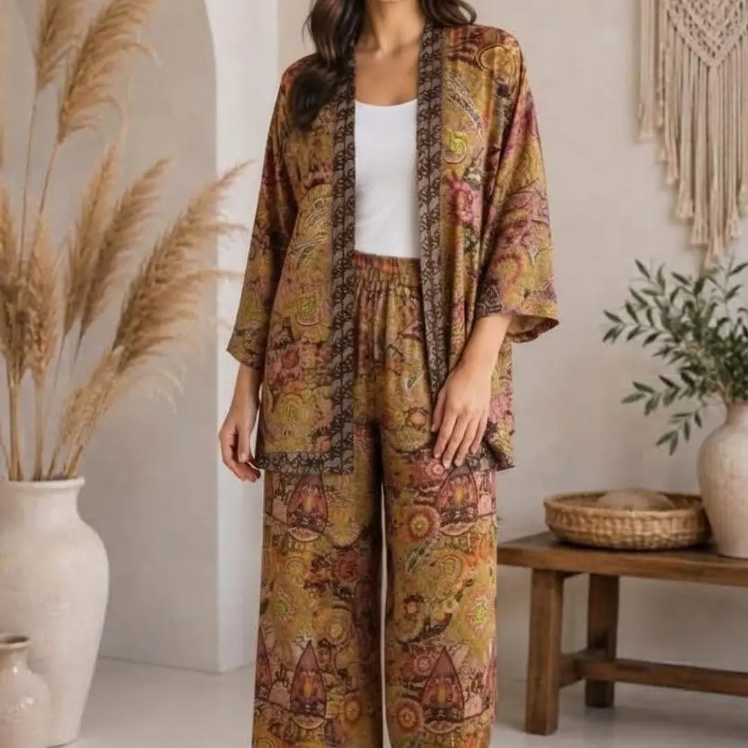 Conjunto (SET Co-ord) de Seda Estampado Kimono y Pantalón Ancho  6