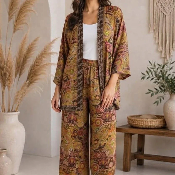 Conjunto (SET Co-ord) de Seda Estampado Kimono y Pantalón Ancho  6