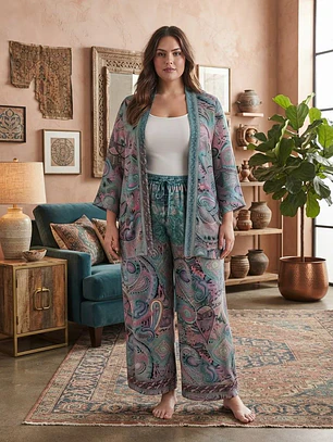 Conjunto (SET Co-ord) de Seda Estampado Kimono y Pantalón Ancho 