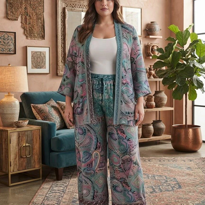 Conjunto (SET Co-ord) de Seda Estampado Kimono y Pantalón Ancho  1