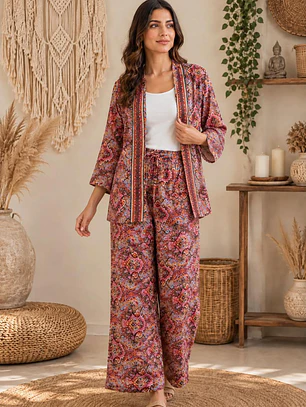 Conjunto (SET Co-ord) de Seda Estampado Kimono y Pantalón Ancho 