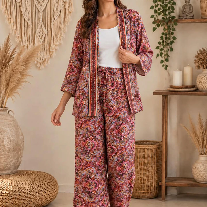 Conjunto (SET Co-ord) de Seda Estampado Kimono y Pantalón Ancho  2