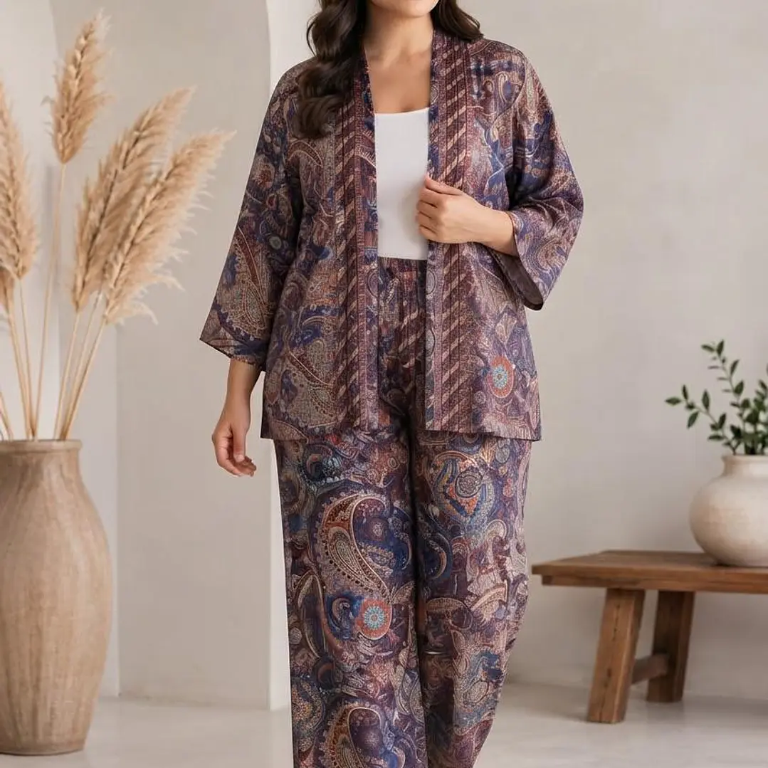 Conjunto (SET Co-ord) de Seda Estampado Kimono y Pantalón Ancho  8