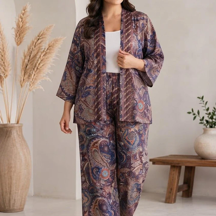Conjunto (SET Co-ord) de Seda Estampado Kimono y Pantalón Ancho  8