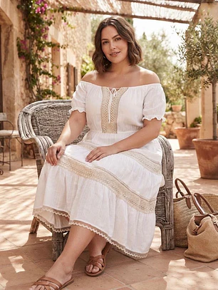 Vestido Blanco de Algodón con Bordado en Yute