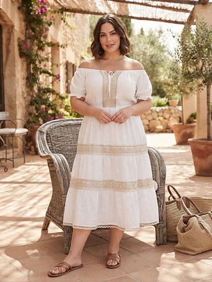 Vestido Blanco de Algodón con Bordado en Yute