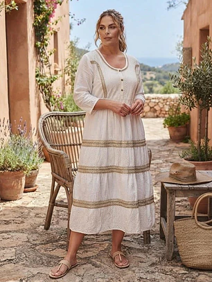 Vestido Blanco Manga Larga de Algodón Bordado con Yute
