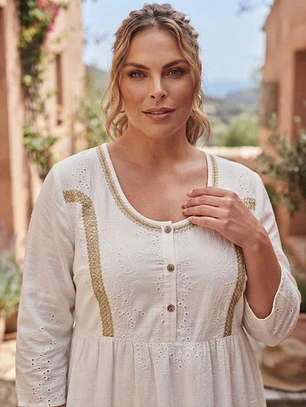 Vestido Blanco Manga Larga de Algodón Bordado con Yute