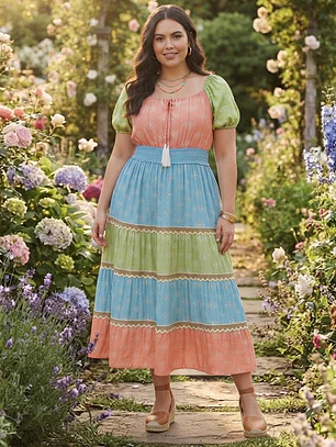 Vestido Largo Multicolor de Algodón Escote Campesina
