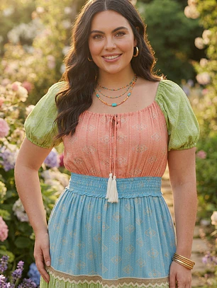 Vestido Largo Multicolor de Algodón Escote Campesina