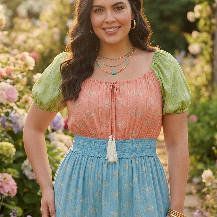 Vestido Largo Multicolor de Algodón Escote Campesina 2