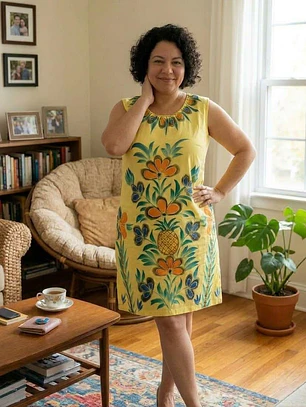 Vestido Corto de Algodón Sin Mangas con Bordado y Pintura Artesanal