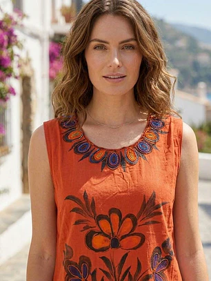 Vestido Corto de Algodón Sin Mangas con Bordado y Pintura Artesanal
