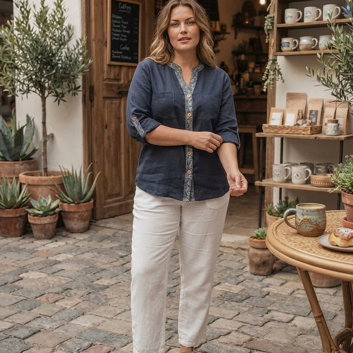Blusa de Mezcla de Lino con Escote V y Botones 8