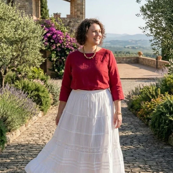 Falda Larga de Algodón Blanco con Encaje Calado 1