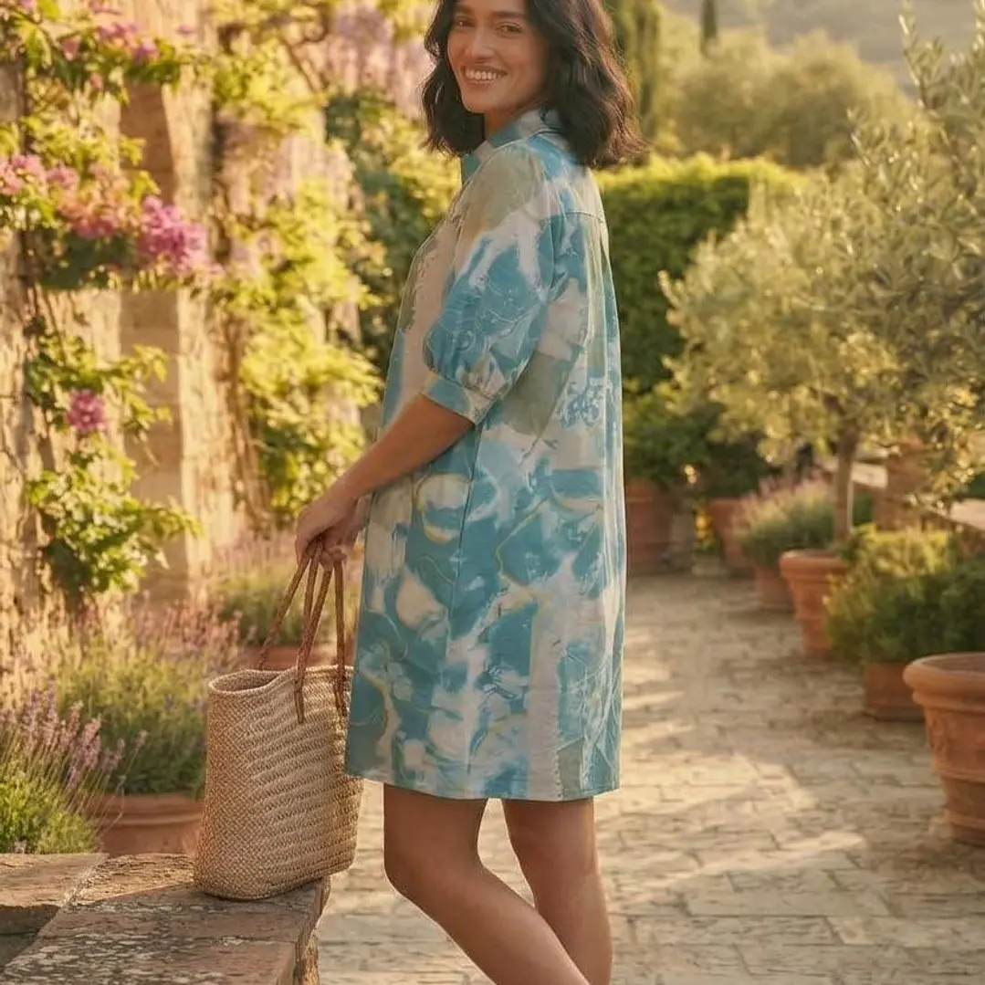Vestido Camisero de Algodón Estampado con Cinturón - Verano 6