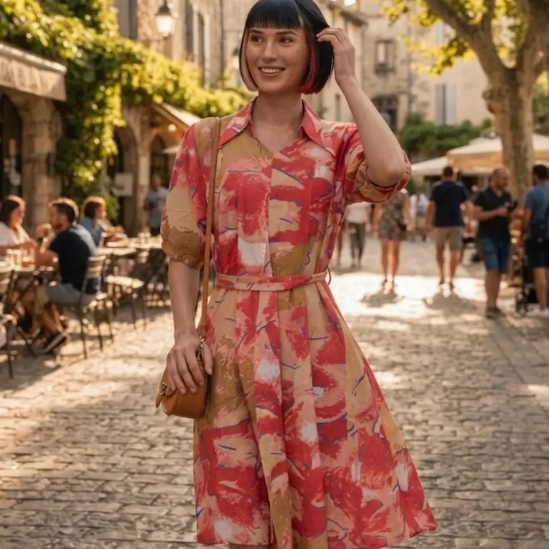 Vestido Camisero de Algodón Estampado con Cinturón - Verano 7
