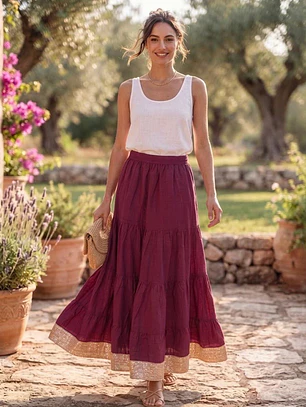 Falda Larga de Algodón Boho con Borde Dorado - Talla Única Verano