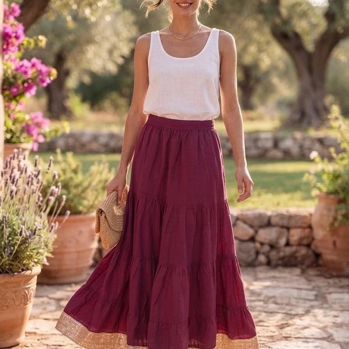 Falda Larga de Algodón Boho con Borde Dorado - Talla Única Verano 1