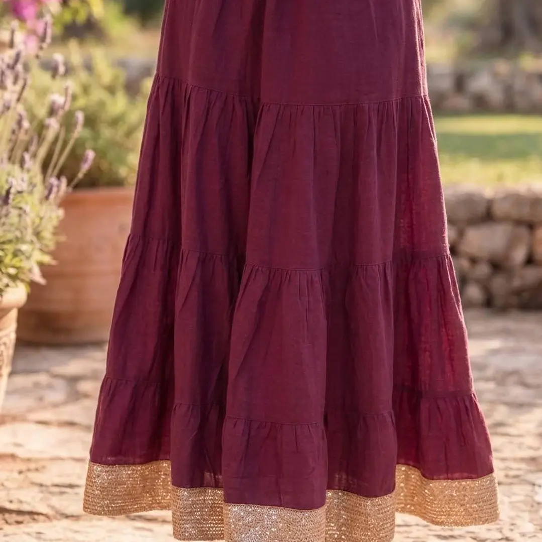 Falda Larga de Algodón Boho con Borde Dorado - Talla Única Verano 3