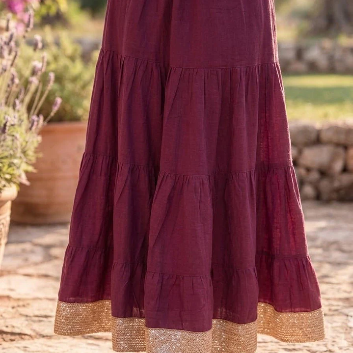 Falda Larga de Algodón Boho con Borde Dorado - Talla Única Verano 3