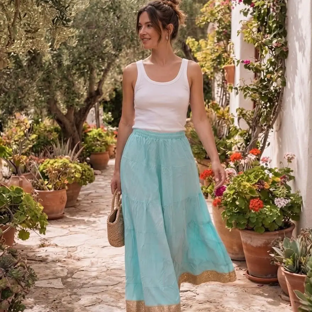Falda Larga de Algodón Boho con Borde Dorado - Talla Única Verano 6
