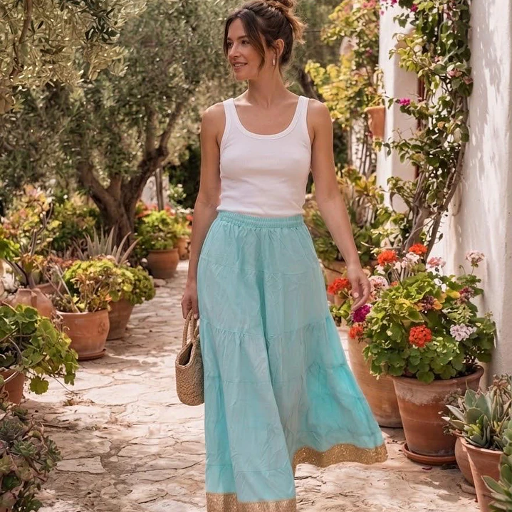 Falda Larga de Algodón Boho con Borde Dorado - Talla Única Verano 6