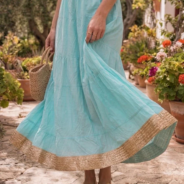 Falda Larga de Algodón Boho con Borde Dorado - Talla Única Verano 4