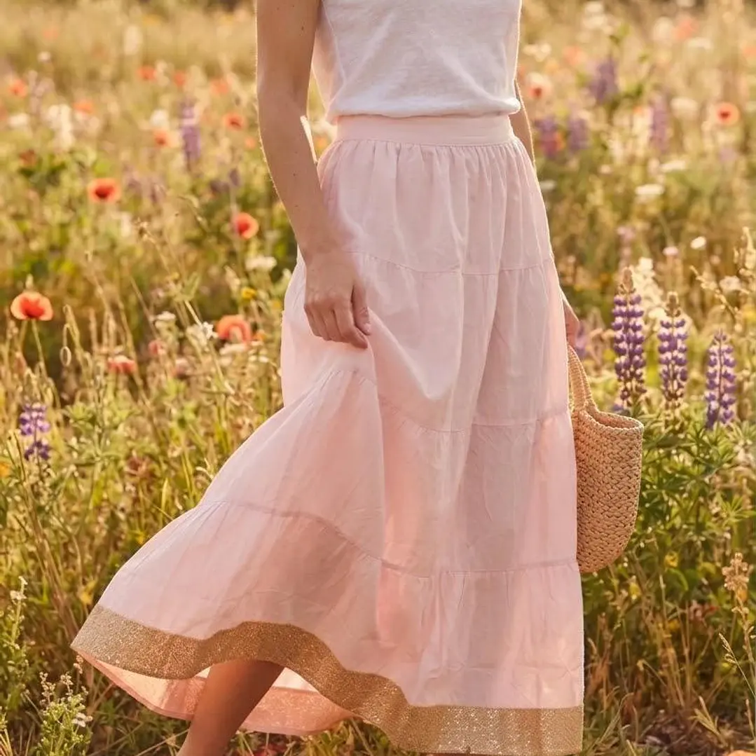 Falda Larga de Algodón Boho con Borde Dorado - Talla Única Verano 7