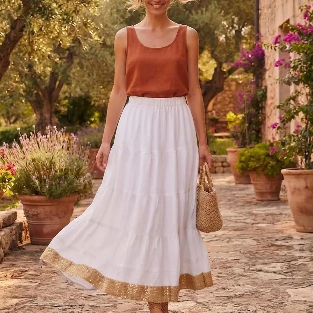 Falda Larga de Algodón Boho con Borde Dorado - Talla Única Verano 2
