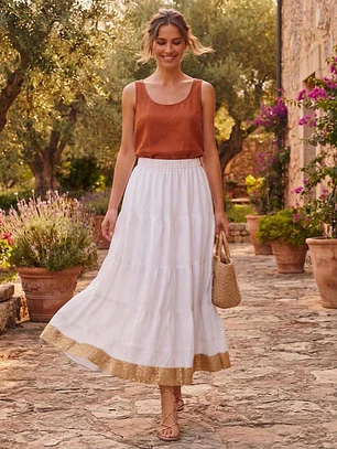 Falda Larga de Algodón Boho con Borde Dorado - Talla Única Verano