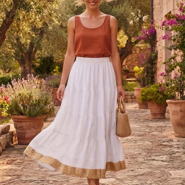 Falda Larga de Algodón Boho con Borde Dorado - Talla Única Verano 2