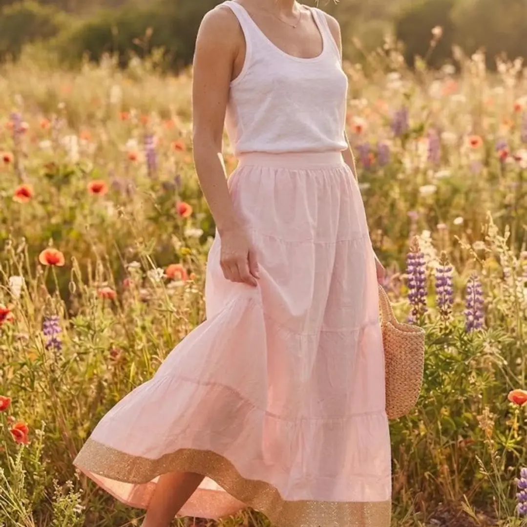 Falda Larga de Algodón Boho con Borde Dorado - Talla Única Verano 5