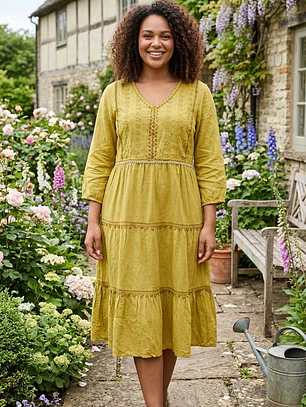 Vestido Midi de Algodón Boho con Bordado de Yute - Verano