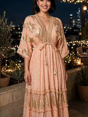 Vestido Largo Lúrex Boho con Brillo Dorado, Encaje y Yute - Verano