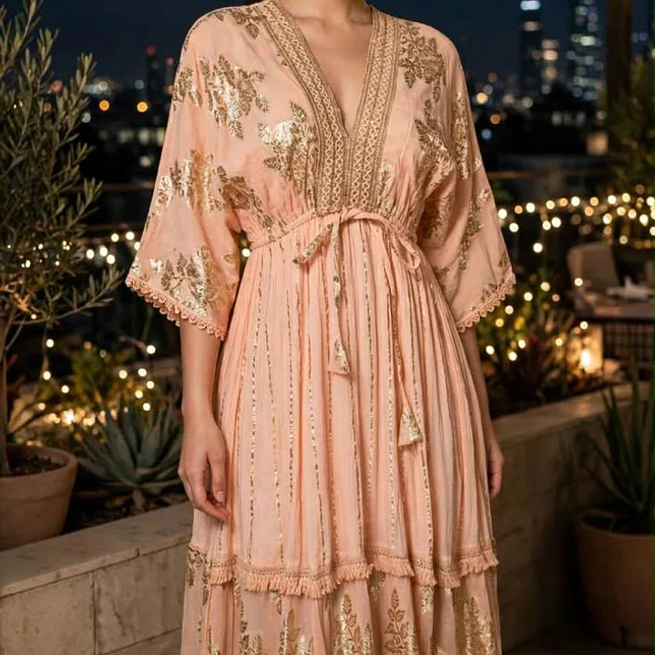 Vestido Largo Lúrex Boho con Brillo Dorado, Encaje y Yute - Verano 2