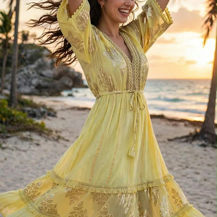 Vestido Largo Lúrex Boho con Brillo Dorado, Encaje y Yute - Verano 3