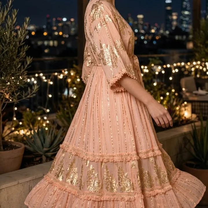 Vestido Largo Lúrex Boho con Brillo Dorado, Encaje y Yute - Verano 4