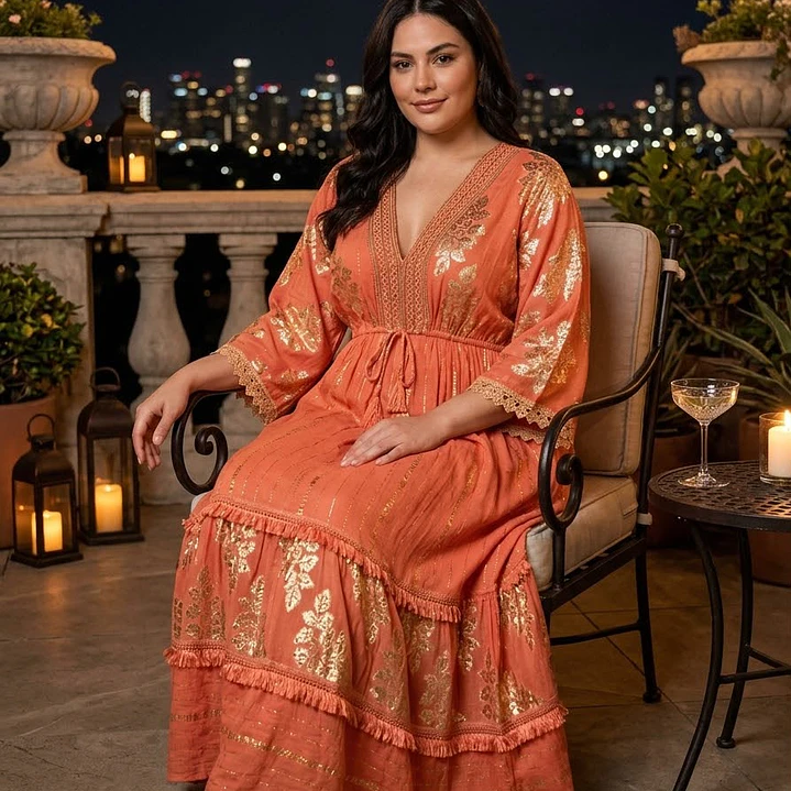 Vestido Largo Lúrex Boho con Brillo Dorado, Encaje y Yute - Verano 1