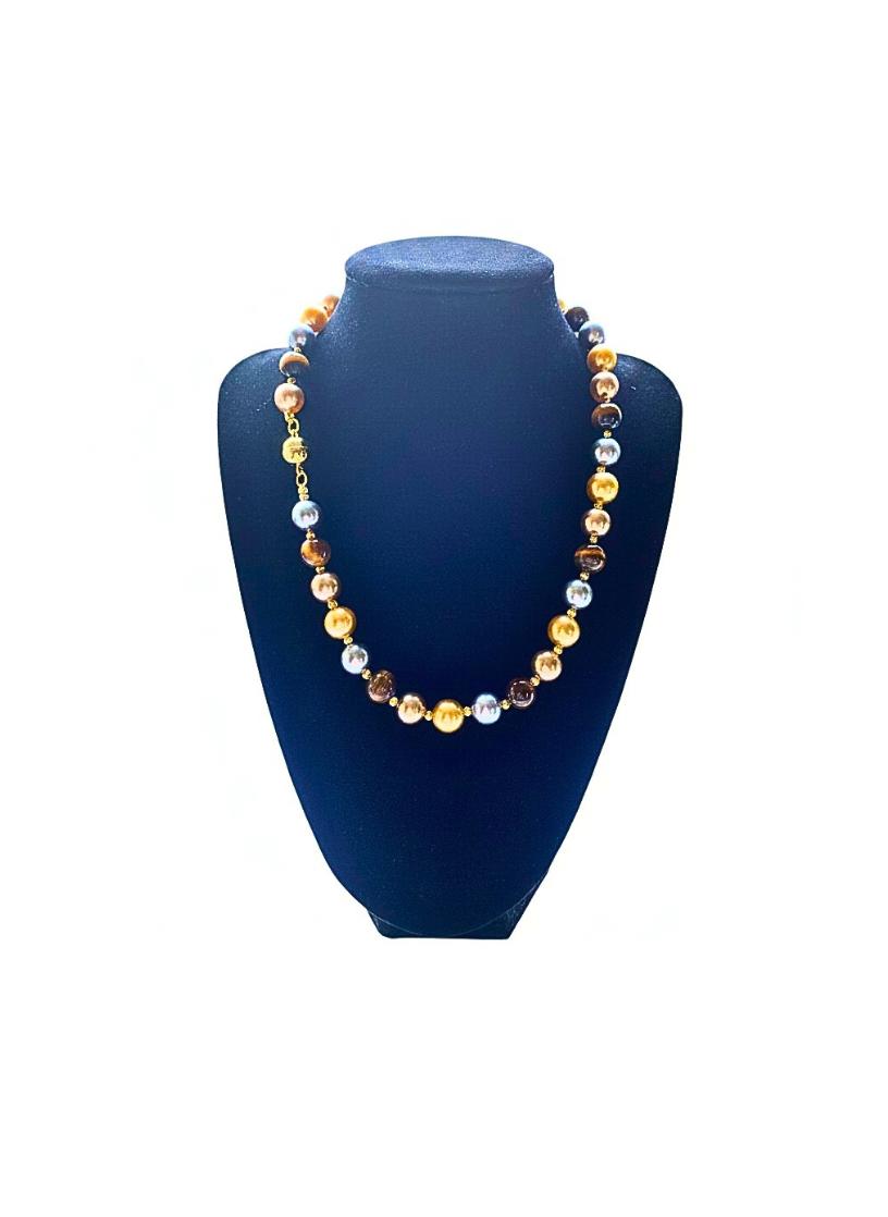 Collar perla de Mallorca color perlas color dorado ,gris, café y con piedra Ojo de Tigre.