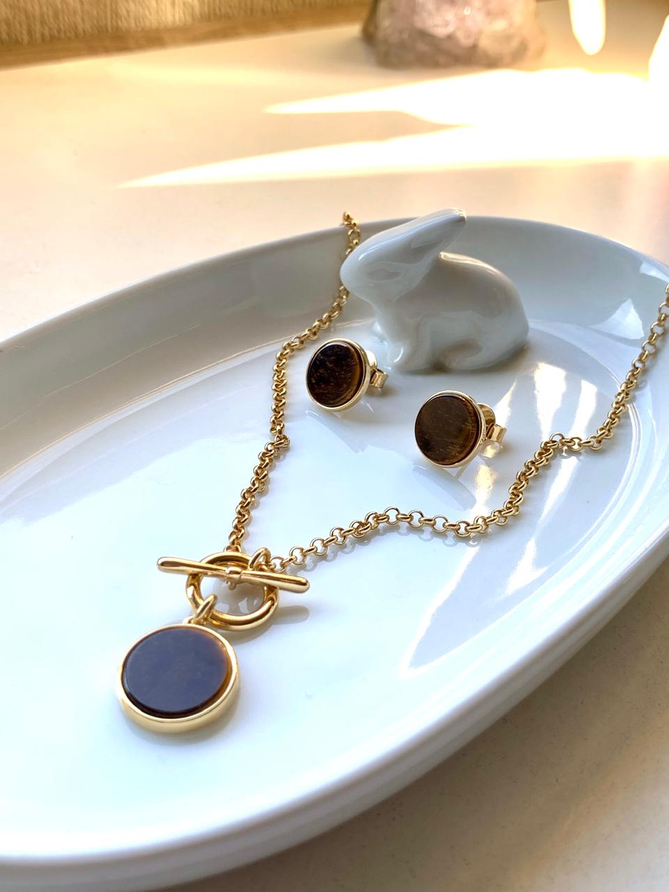 Conjunto baño de oro 18k con Piedra Ojo de Tigre