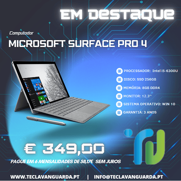 MICROSOFT SURFACE PRO 4 12.3'' i5 6300U 8GB 256GB SSD 1
